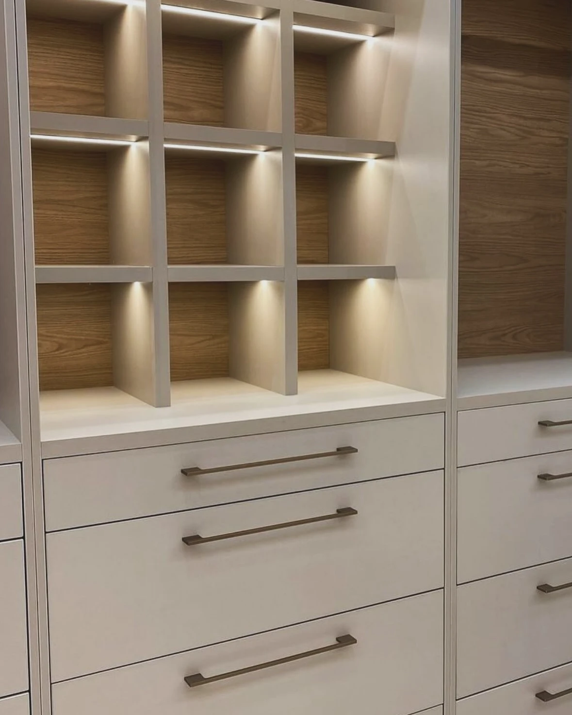 Closet com nicho iluminado e gavetas · móveis planejados TAVIPLAN